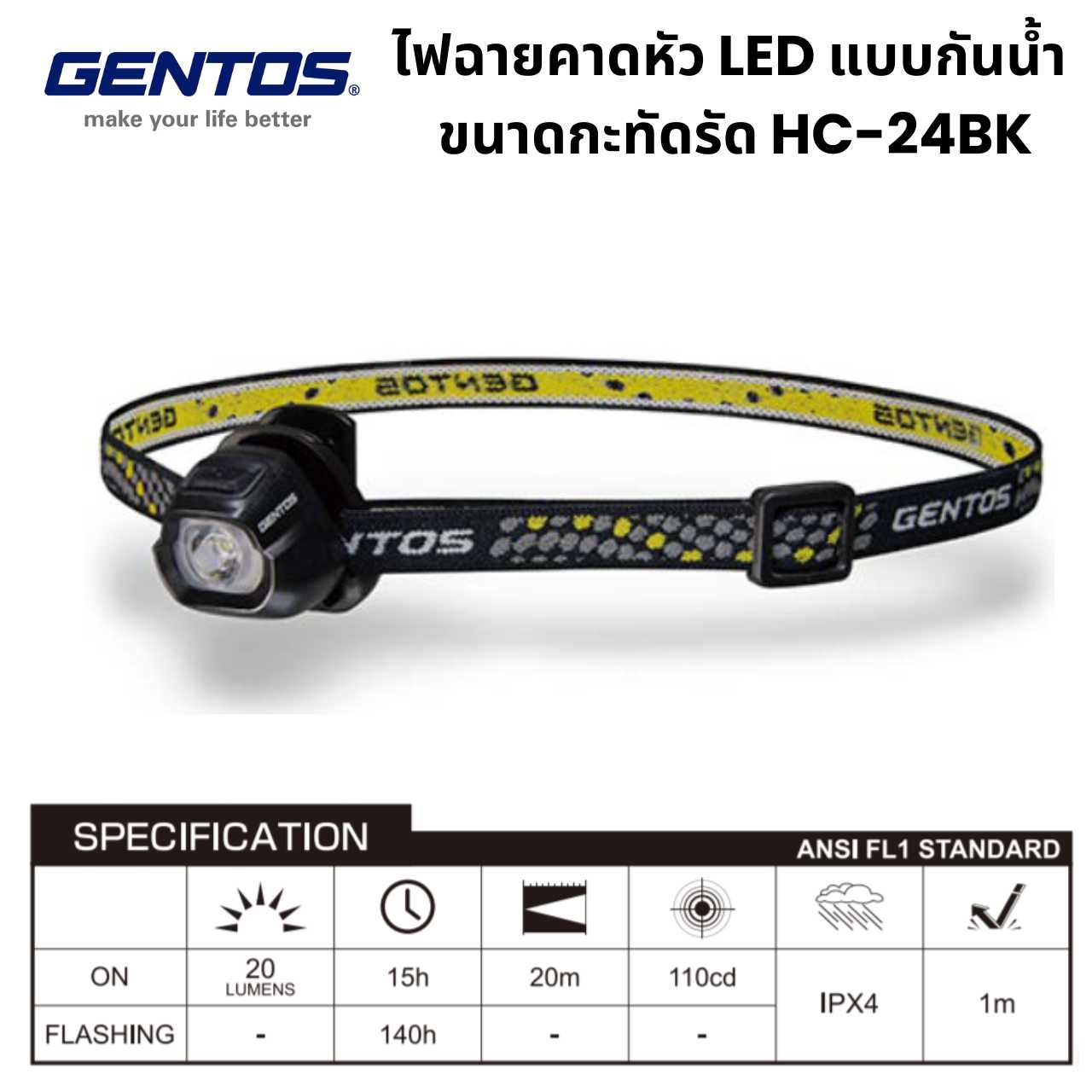 GENTOS HC-24BK ไฟฉายคาดหัว LED ขนาดกะทัดรัด 20 Lumen